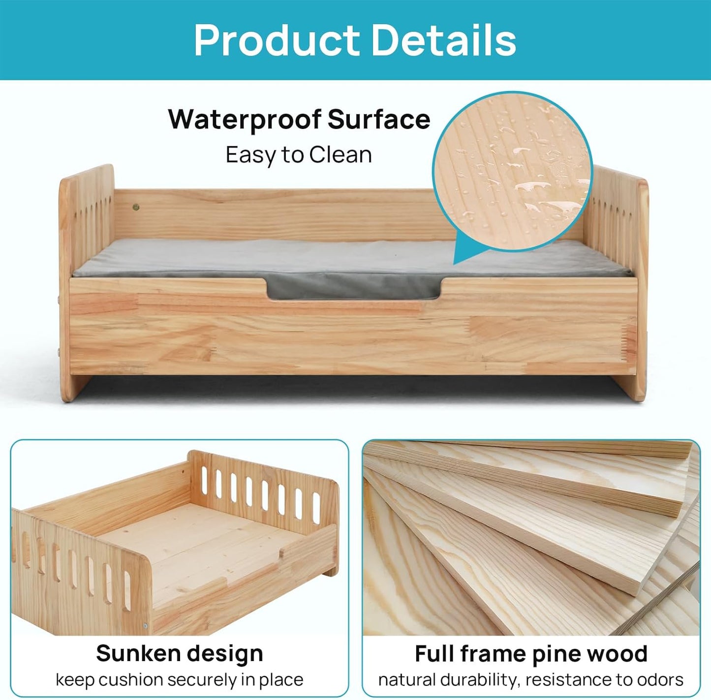 Elevated Dog Bed for Small to Medium Dogs – 32” x 21” Indoor Wooden Pet Sofa with Soft Cushion, Mid-Century Modern Style, Sturdy & Stylish (Natural)