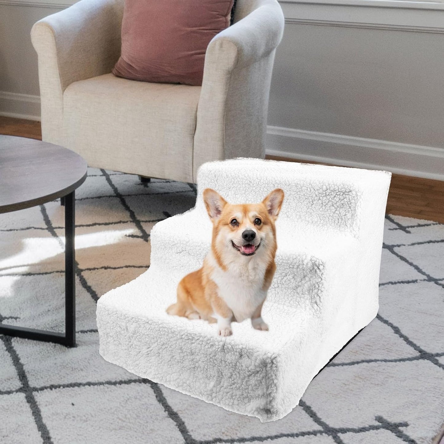 FAVOMOTO Pet Ladder for Dogs and Cats, Non-Slip Puppy Stair with White Modular Steps, Indoor Small Animal Climbing Ramp for Sofa and Bed Use