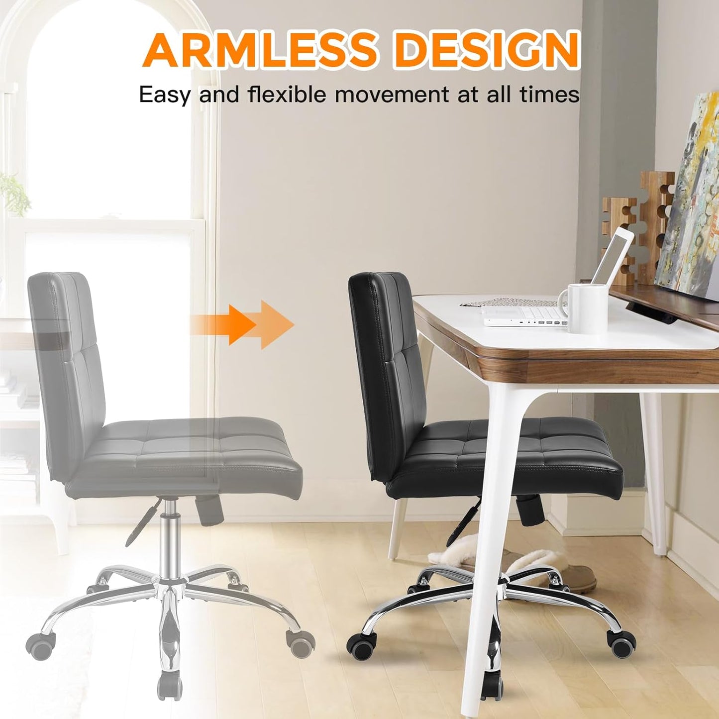 Black Office Chair with Wheels - 360° Swivel Armless Back Support，Comfortable Pu Adjustable Rolling Desk Chairs for Office，Home，Vanity，Bedroom，Big Space (Widened Black)