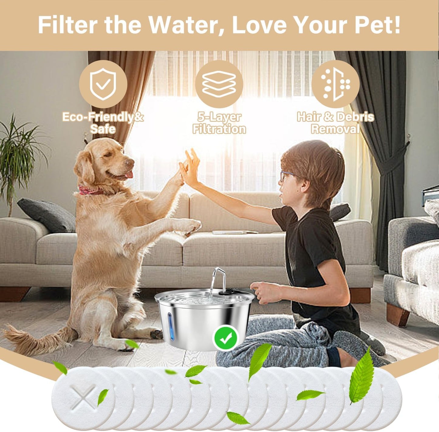 16+16 Pack Replacement Filters for Pawccoli 7L/1.8Gal Dog Water Fountain Stainless Steel, Includes 16 Filters & 16 Sponges