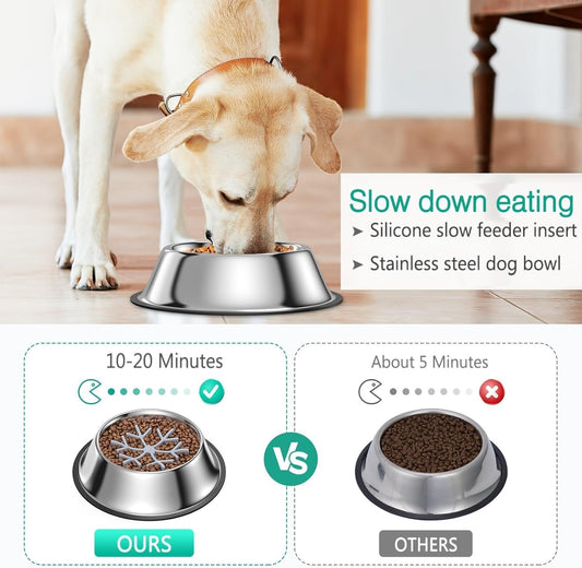 ORIA Slow Feeder Dog Bowl Set, Stainless Steel Dog Food Bowl with Slow Feeder Insert, Pet Water Bowls with Non-Slip Base for Small Medium Breeds, Holds Up to 2 Cups, M
