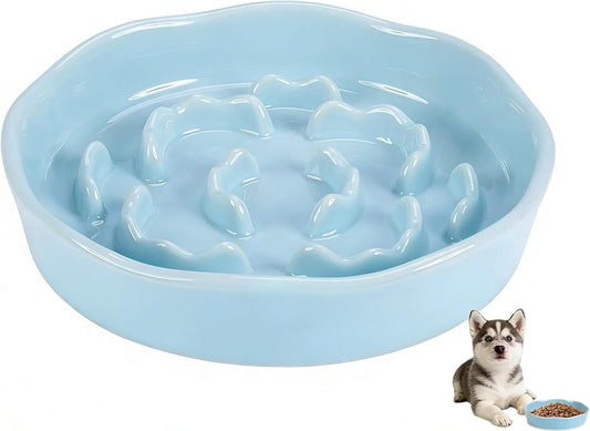 Pet Feeding Bowls, Ceramic Slow Feeder Dog Bowl - Heavy Weighted Blue Bloom Food Dish for Small to Medium Dogs - Non-Slip, Microwave & Dishwasher Safe Pottery Maze to Fast Eating