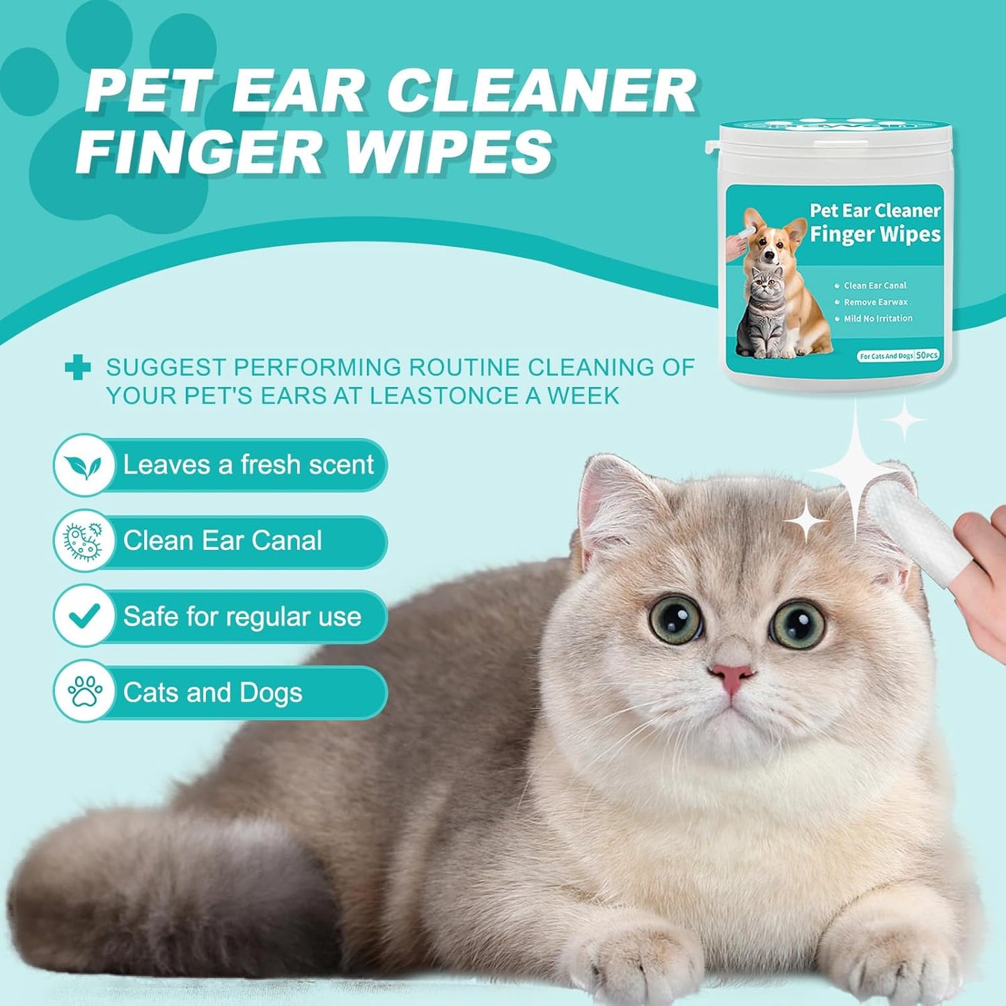Dog & Cat Ear Cleaning Wipes – Finger-Sleeve Design for Gentle Cleaning | Removes Ear Wax, Dirt, and Debris | 50 Count Pet Grooming Wipes
