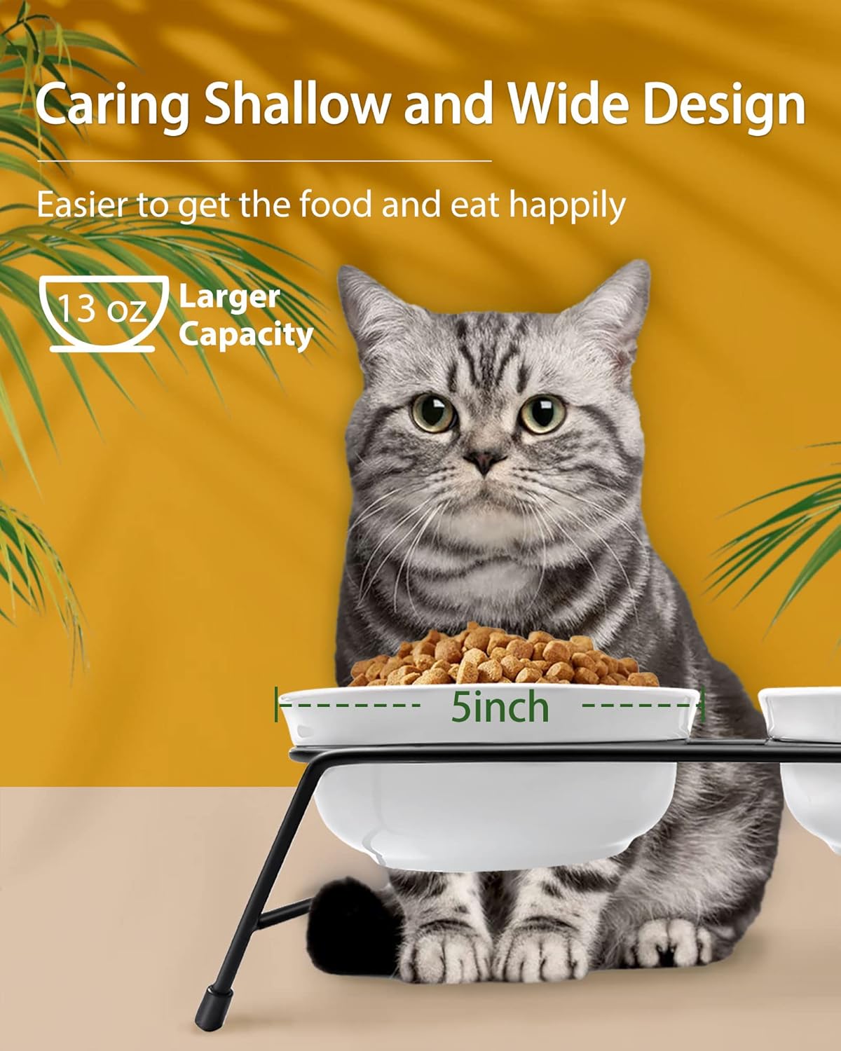 Anti-Vomiting Raised Cat Bowls - 3 × 13 oz Ceramic Food & Water Bowls with Non-Slip Stainless Steel Stand, Dishwasher Safe for Indoor Cats & Puppy