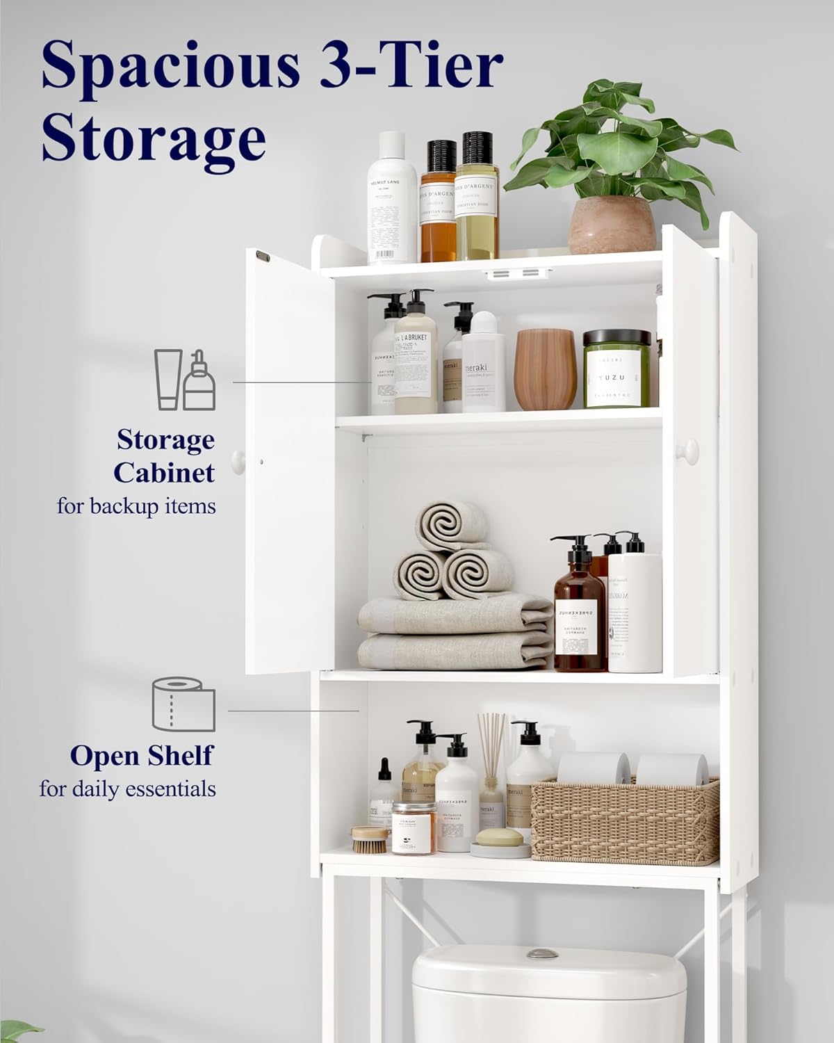 Kitsure Over The Toilet Storage Cabinet - 3 Tier Bathroom Organizers and Storage Solution with Adjustable Shelf & Bottom Bar, Anti-Tip Bathroom Storage Cabinet, White, 3 Tiers (68.1" H)
