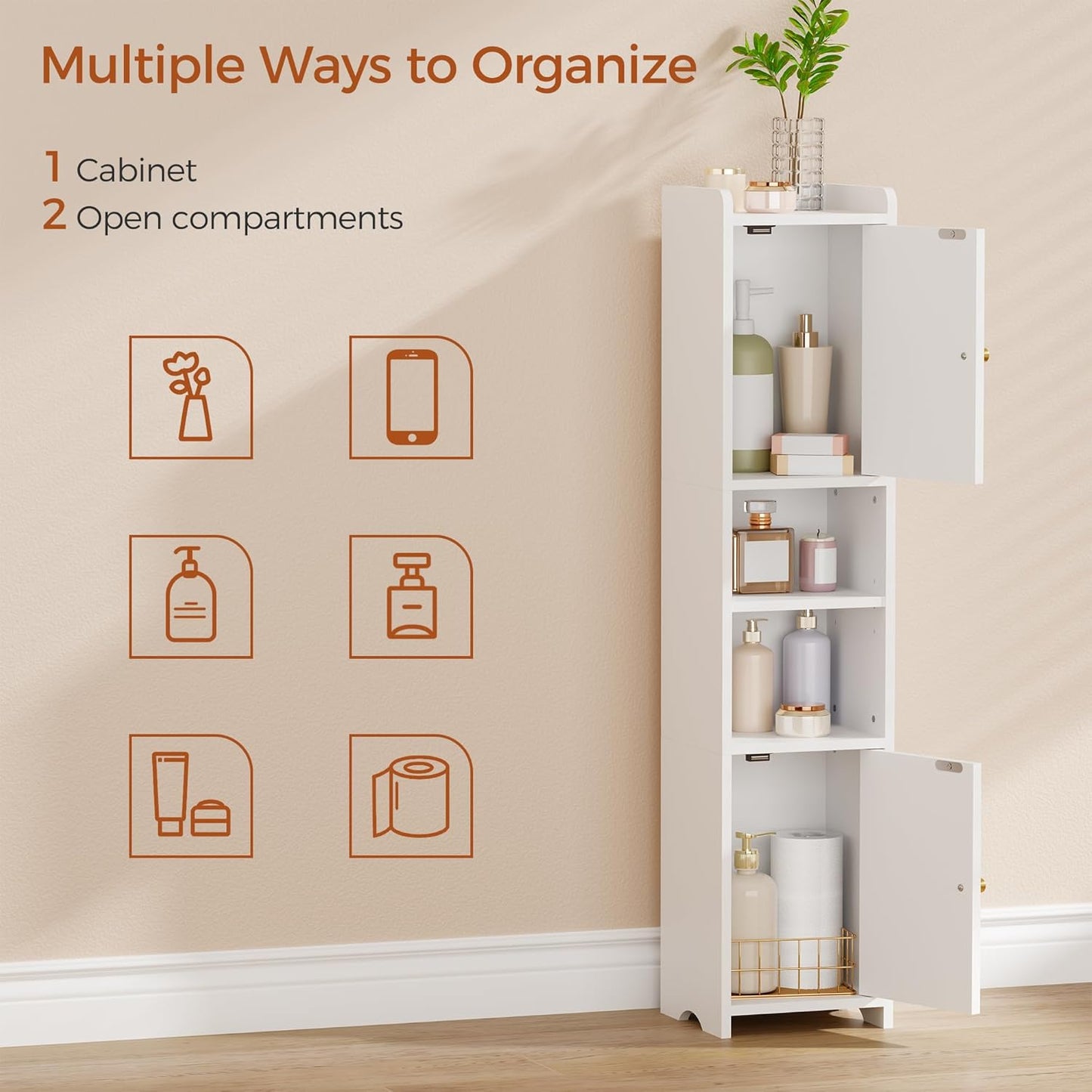 ANWBROAD Slim Bathroom Storage Cabinet Corner Narrow Cabinet with 2 Doors and Adjustable Shelf Freestanding Small Bathroom Organizers and Storage for Small Spaces, Kitchen, Living Room White USBC011W