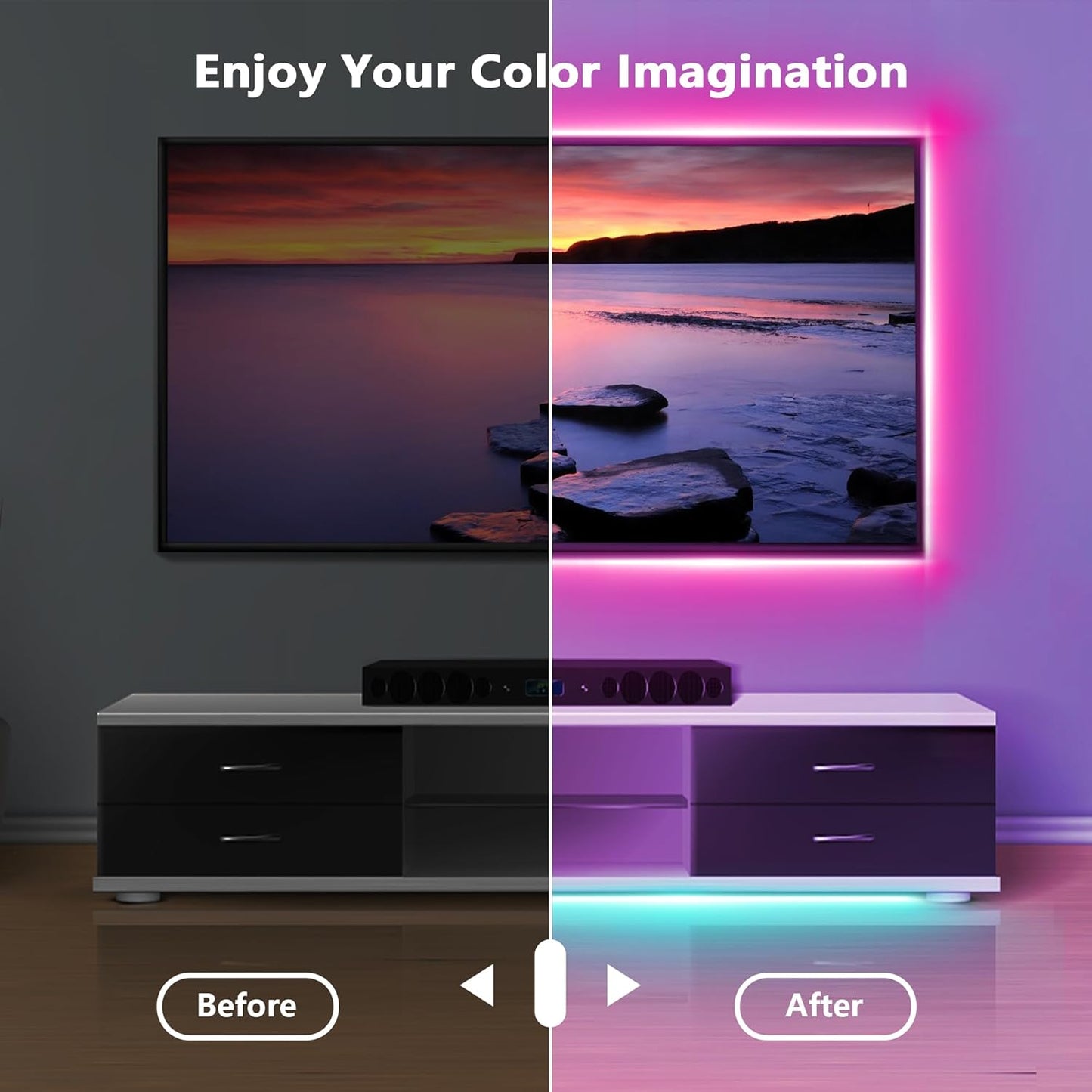 Led Lights for Bedroom 50ft (1 Roll), Color Changing RGB Led Strip Lights with 60 Keys Remote and App Control, Music Sync Led Lights for Room Kitchen Party Home Decor