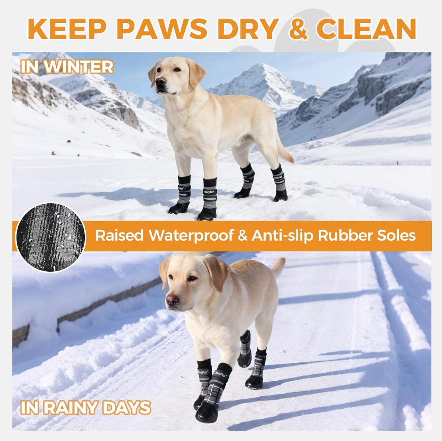 BINGPET Waterproof Dog Socks Boots to Prevent Licking Paws,Anti Slip Dog Booties & Paw Protectors with Dual Straps for Hot/Cold Pavement,Indoor Outdoor Grip Dog Shoes for Small Medium Large Senior Dog