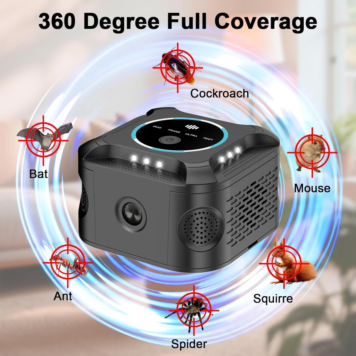 360° Ultrasonic Rodent Repellent Indoor: Upgraded Multi-Mode Mice Pest Repeller with Flashing Lights for Rat Control; Effective Mouse Deterrent for Home, Attic, Garage, Basement & Crawlspace