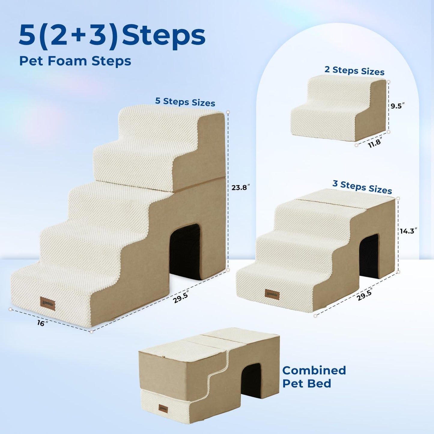 Dog Steps for High Beds - 5 Step 24" H Pet Stairs with Tunnel 2 in 1 with Zippers Suitable for Small Dogs and Cats, Indoor Cat Ladders with Non-Slip Bottom, Beige