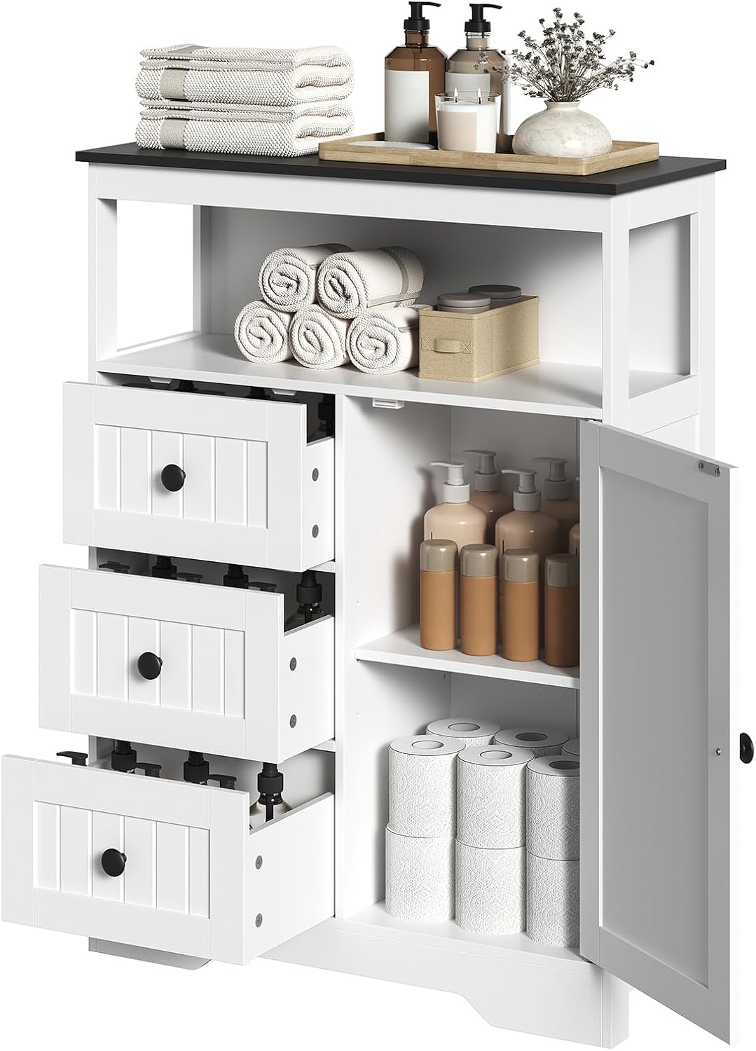 HOOBRO 28.3" Bathroom Storage Cabinet, Large Floor Cabinet, Freestanding Bathroom Storage Unit, 1 Cupboard and 3 Drawers, Adjustable Shelf, 28.3" L x 11.8" W x 37.8" H, White and Black