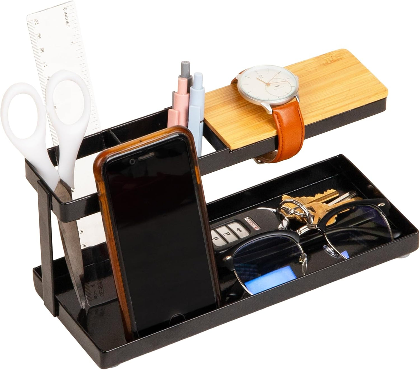 Mind Reader Desktop Organizer, Steel and Wood Desktop Dock, Catchall Tray for Phone, Wallet, Watch, Keys, Black