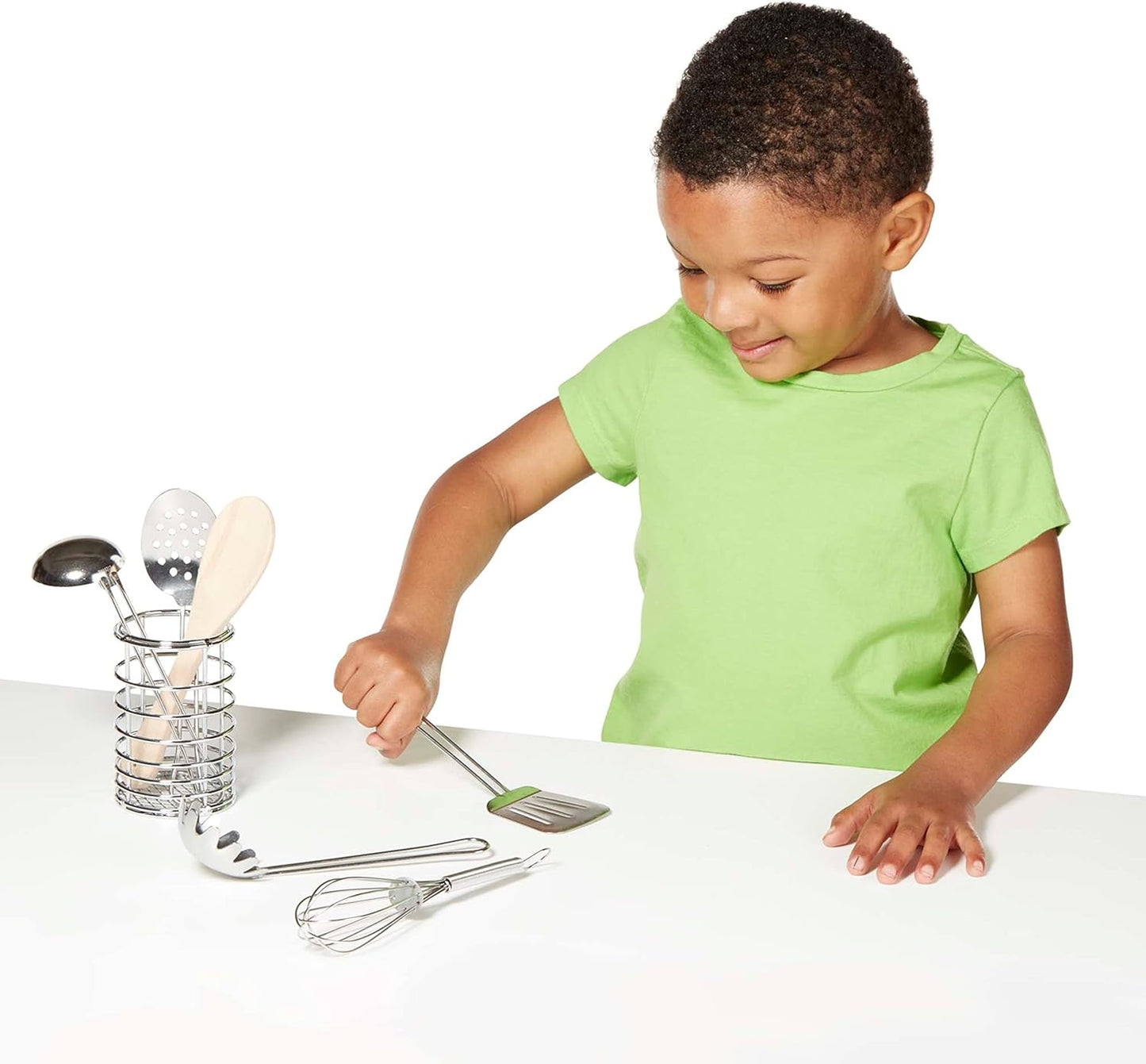 Melissa & Doug Stir & Serve Cooking Utensils (7 pcs) - Stainless Steel & Wooden Play Kitchen Accessories, Preschool Learning Toys for Girls & Boys 3+