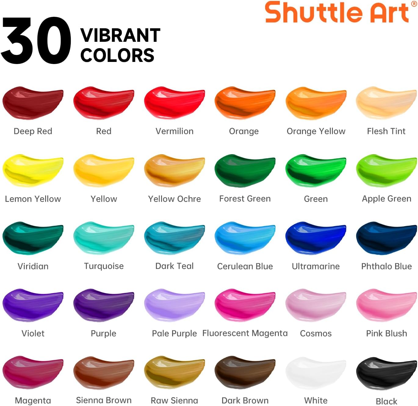 Shuttle Art 48 Pack Acrylic Paint Set, 30 Colors Acrylic Paint (36ml) with 10 Brushes 5 Canvas 1 Paint Knife 1 Palette 1 Art Sponge, Complete Set for Kids, Adults Painting on Canvas Rocks Wood Ceramic