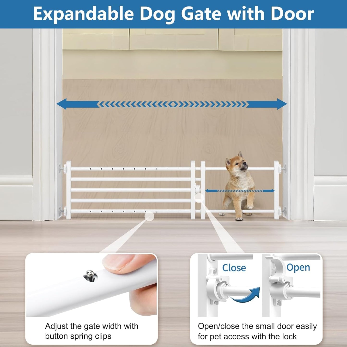 Malier Dog Gate with a Small Door, Extra Wide All Metal Short Dog Gate Pet Gate for Stairs, 10'' Tall Pressure Mount Easy Step Over Puppy Gate Low Gate for Doorways