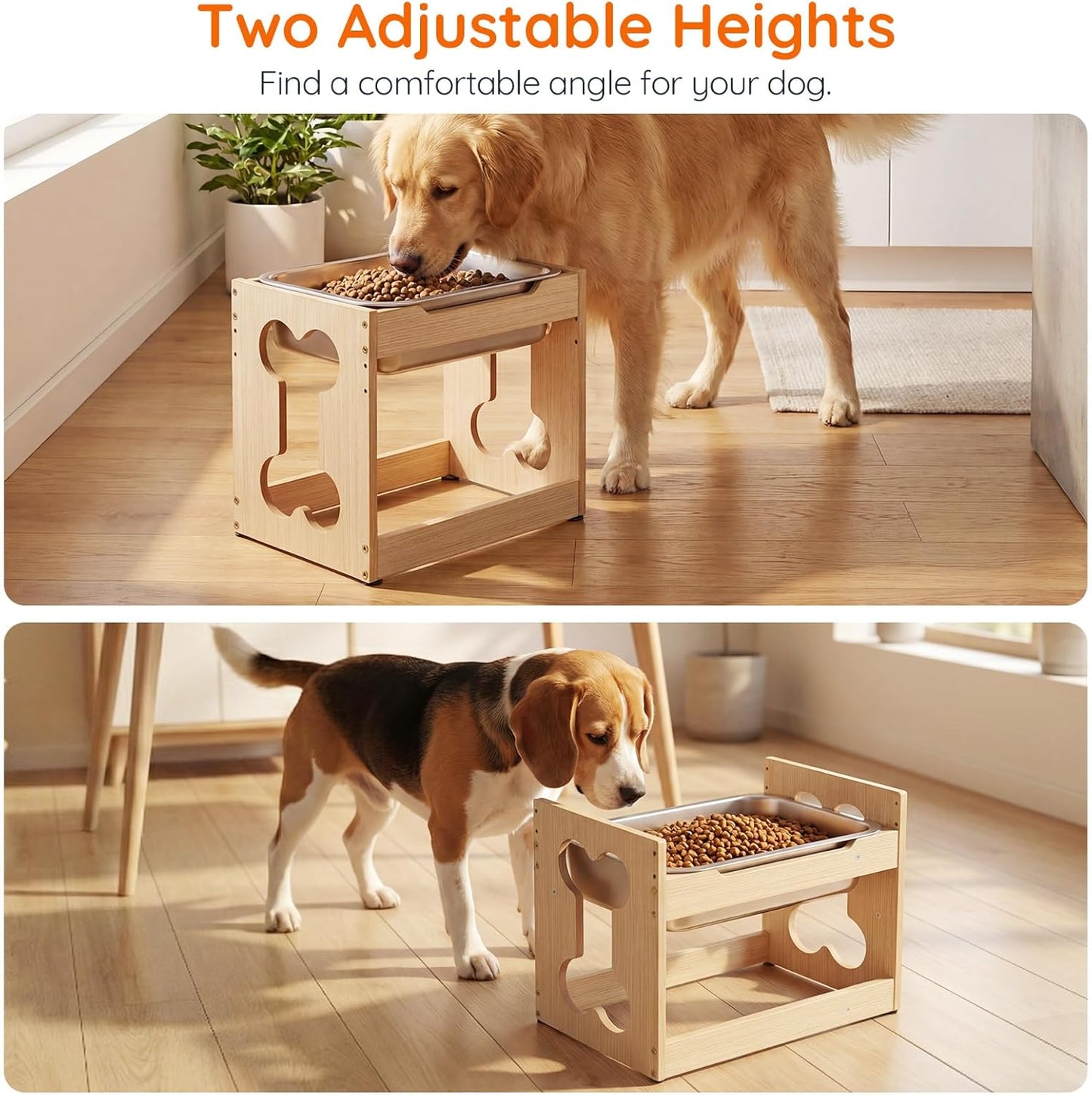 HOOBRO Elevated Dog Bowls with Stainless Steel Bowl, Raised Dog Bowl Stand for Medium, Large Breed Dogs, Heights Adjustable Water Bowl Stand, Wooden Dog Feeding Station, Non-Slip, Natural NL02PO03