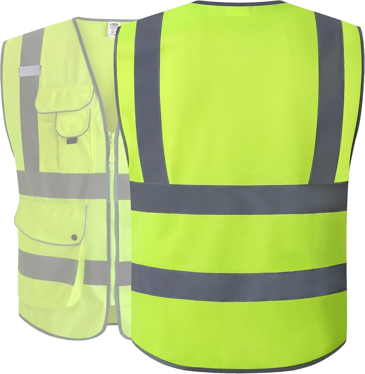 JKSafety 9 Pockets Class 2 High Visibility Zipper Front Safety Vest With Reflective Strips,Meets ANSI/ISEA Standard (Large, 150-Yellow)