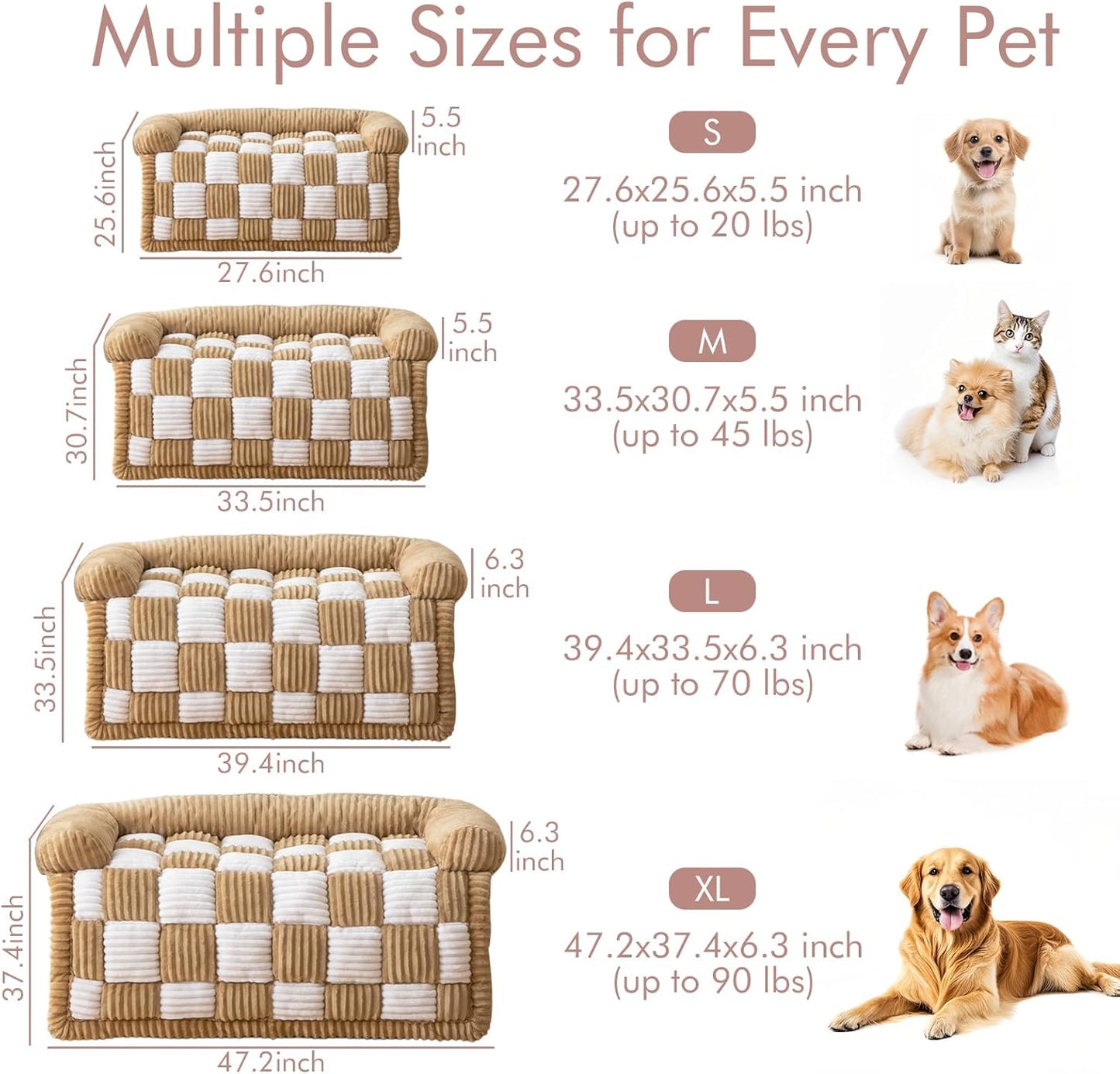 Dog Bed for Couch with Bolster, Comfy Couch Cover for Dogs Washable, Non-Slip Plush Furniture Protector, Calming Fuzzy Lounge Mat, Pet Sofa Accessories (Camel, Large)