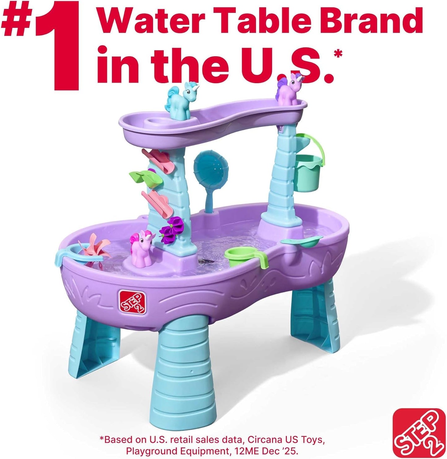 Step2 Rain Showers and Unicorns Water Table, Kids Water and Sand Activity Sensory Playset, Summer Outdoor Toys, 13 Piece Water Toy Accessories, for Toddlers 1.5+ Years Old, Blue & Purple