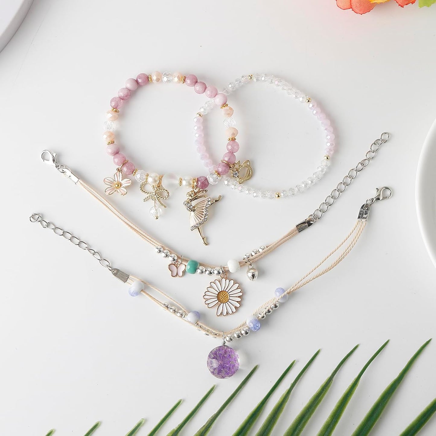 DS 4PCS Beaded Charm Bracelets for Teen Girls Dainty cute cartoon Crystal Beads Pearl Bracelets anklets set for woman and girls Adjustable Stretch bracelet birthday Gift For Friends