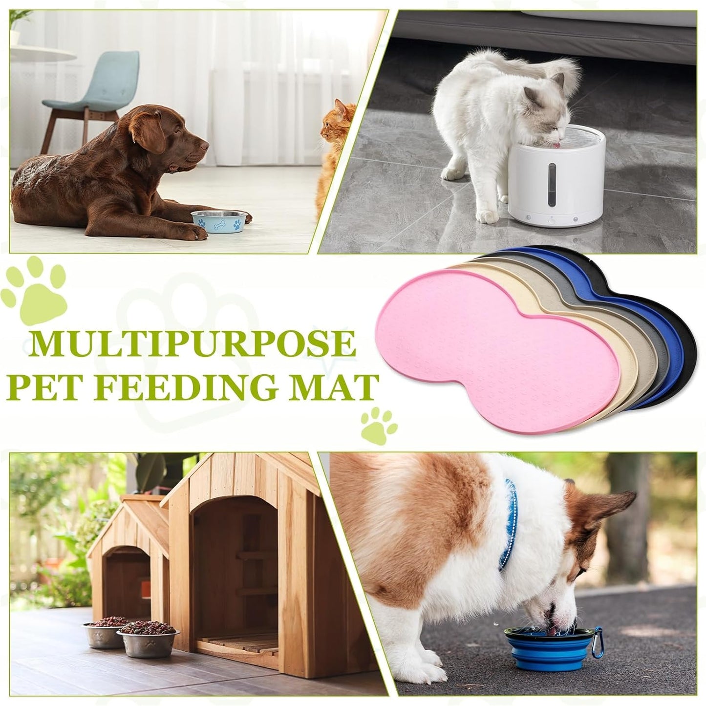 Dog Food Mat, 19x10 Inch Silicone Pet Feeding Mat Non-Slip Double Circle Style Waterproof Dog Water Bowl Tray Raised Edge Protects Floors (Apricot), Intended for Pets Bowl/Fountain