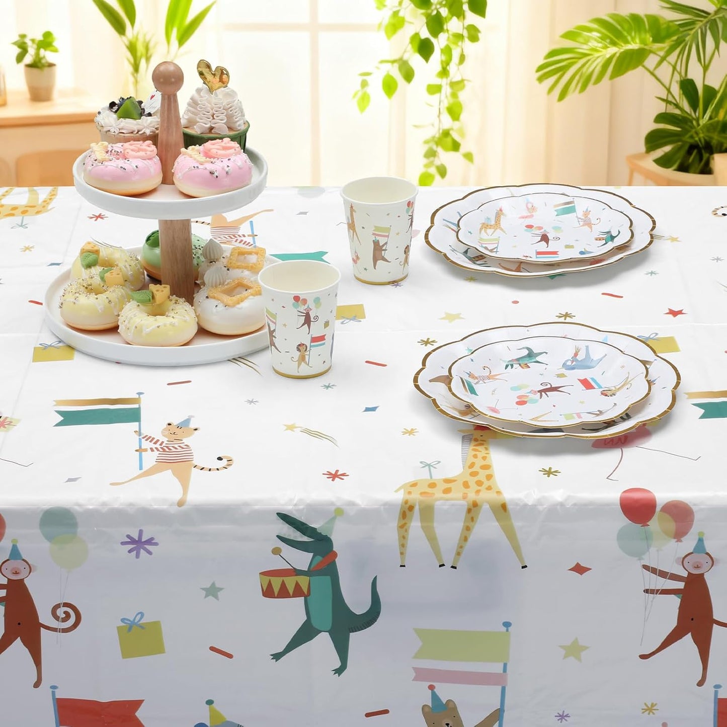 Maxdot 3 Pieces Animal Parade Party Tablecloths 108 × 54 Inch Safari Theme Table Cover, Plastic Disposable Table Cloth Zoo Party Supplies for Jungle Baby Shower, Animal Themed Birthday Decorations