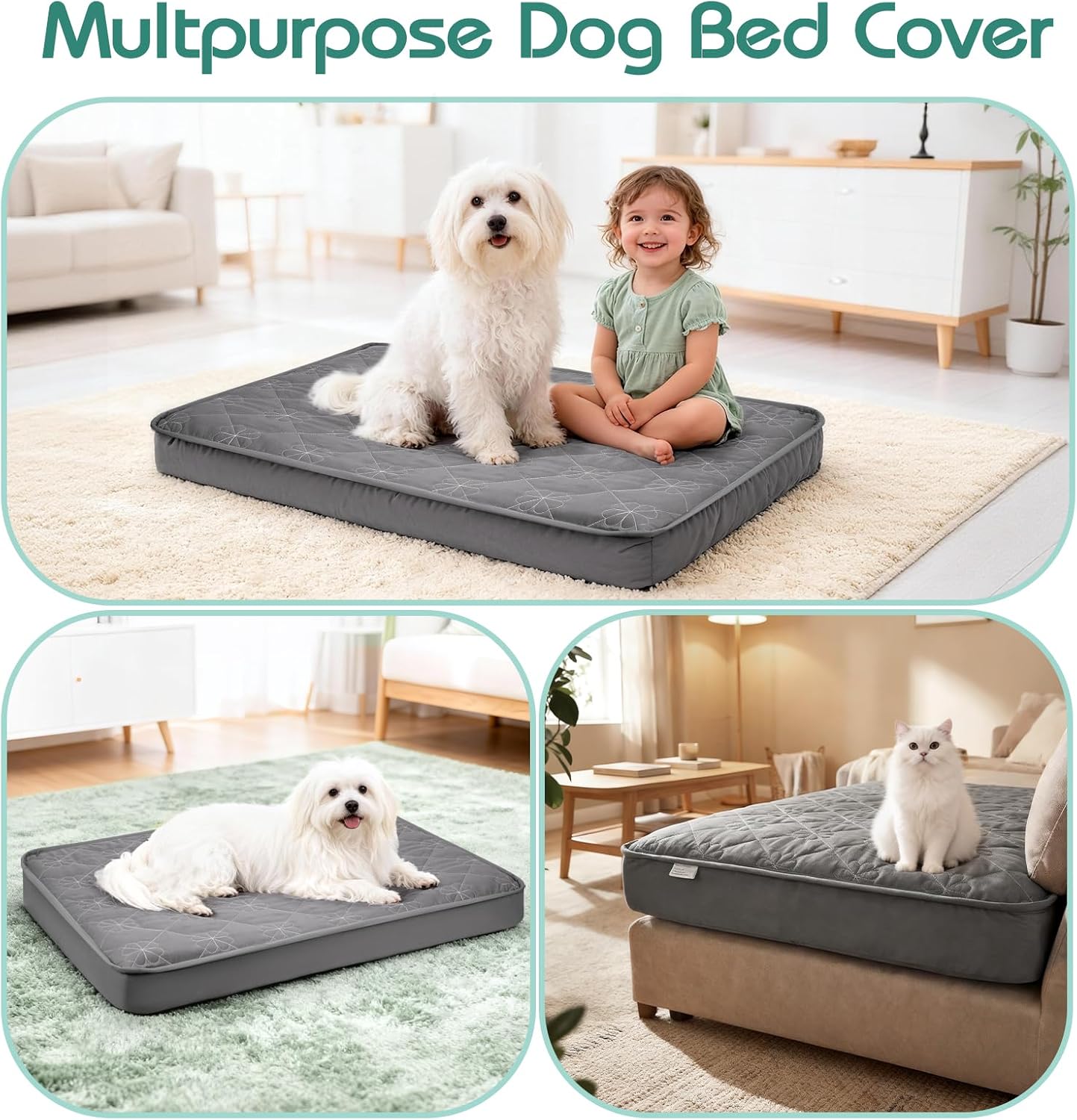 Waterproof Dog Bed Cover Replacement Washable 2 Pack, Soft & Noiseless Quilted Fitted Sheet with Elastic Band, Easy to Clean Dog Bed Sheets Pet Bed Liner for Dog/Cat - 36x27 Inch, Grey, Cover Only