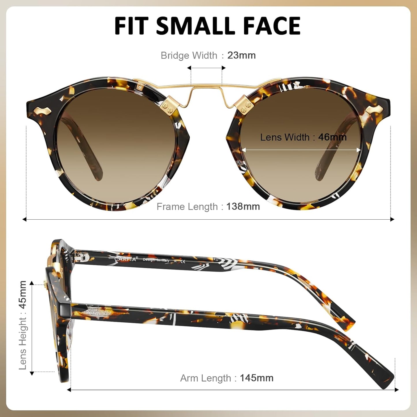 CARFIA Small Face Acetate Polarized Sunglasses for Women UV Protection, Retro Double Bridge Eyewears Metal Brow Round Sunnies