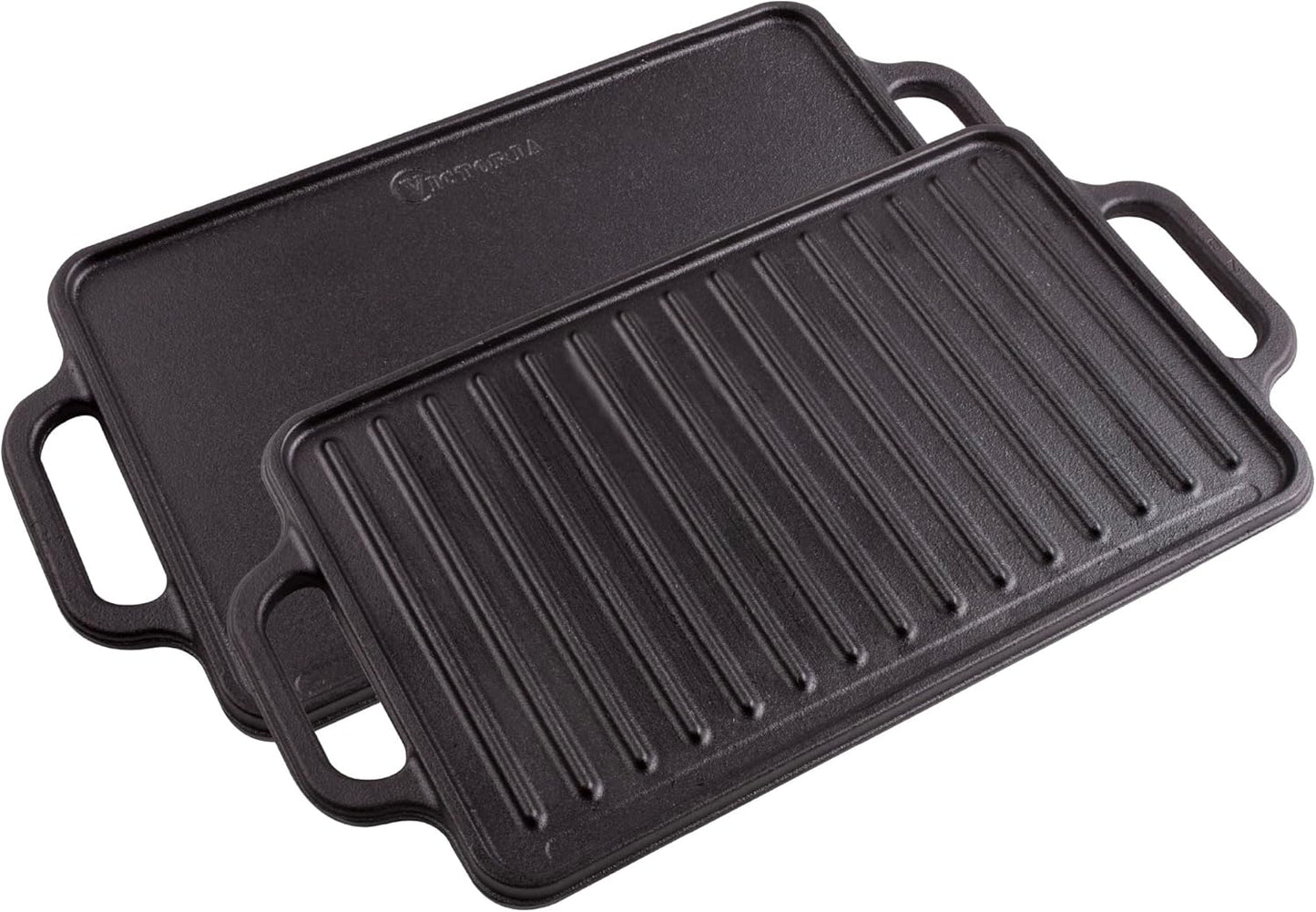 Victoria Rectangular Cast Iron Griddle. Double Burner Griddle, Reversible Grill, 13 x 8.5 Inch, Seasoned with 100% Kosher Certified Non-GMO Flaxseed Oil, Model: GDL-189