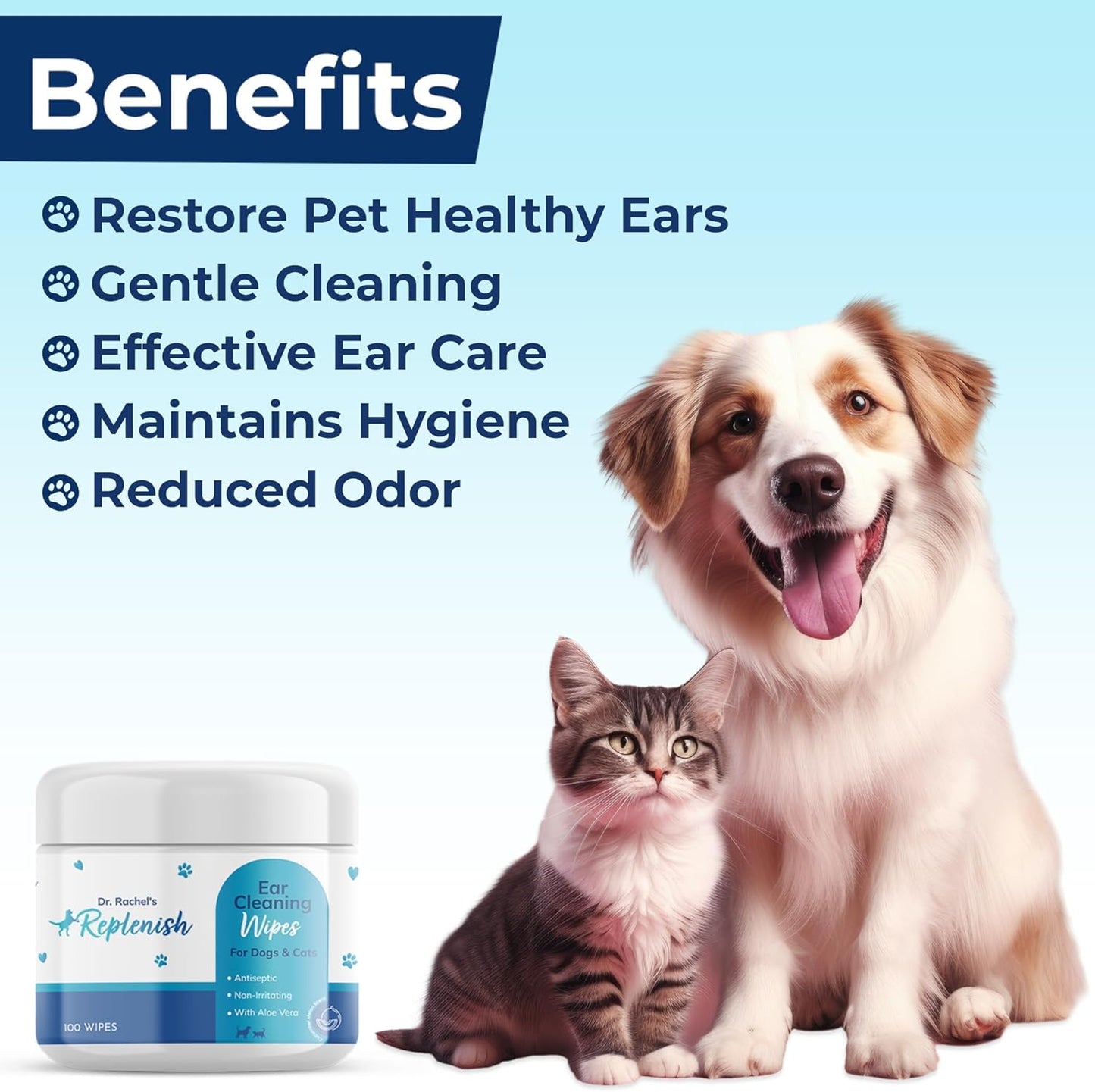 Replenish Cat and Dog Ear Cleaning Wipes - Gentle Medicated Ear Wipes for Dogs - Cucumber Melon Scent - Dog Ear Cleaner & Cat Ear Wipes for Cleaning, Soothing, and Deodorizing Itchy Ears - 100 Count