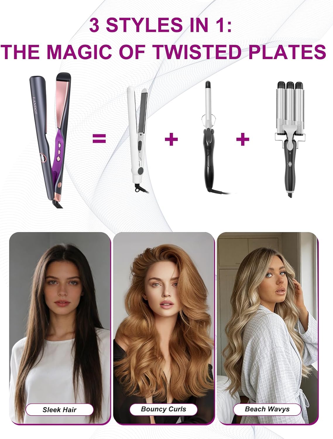 LANDOT 2-in-1 Hair Straightener Curling Iron - Twist Floating Plates for Curl & Straight, Anti-Frizz & Tangle-Free, Dual Voltage Adjustable Temp 250-450°F for All Hair Types