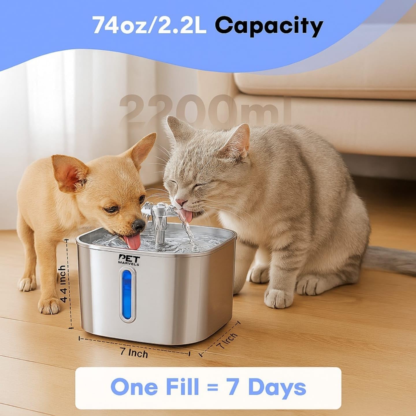 Stainless Steel Cat Water Fountain – 2.2L/74oz Ultra-Quiet Pump, Visible Water Level, Dual Flow Modes – Automatic Pet Water Dispenser for Cats & Small Dogs