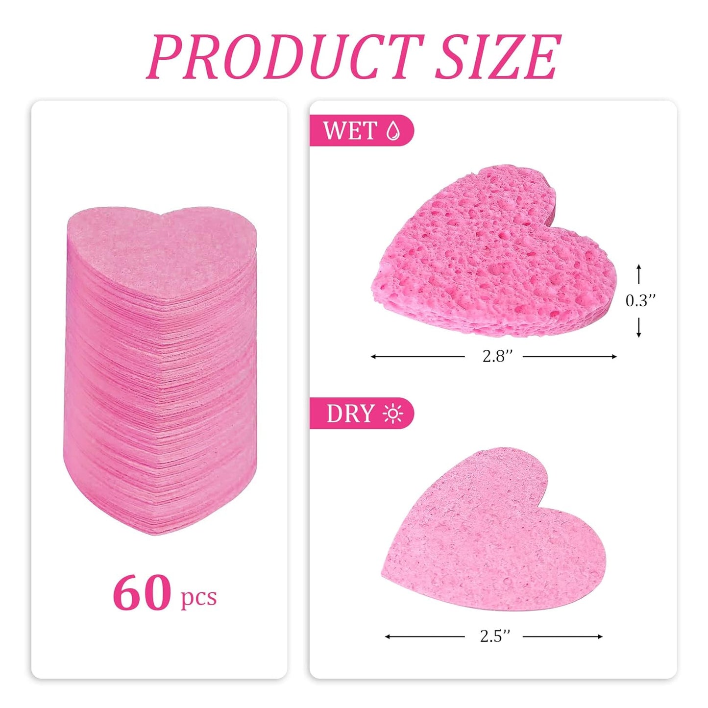 50-Count Kickleen Compressed Cellulose Heart Shape Facial Sponges | Natural Cosmetic Spa Sponges for Facial Cleansing | Exfoliating | Makeup Mask Removal | Reusable | Skin Massage (50 Count (Pink))