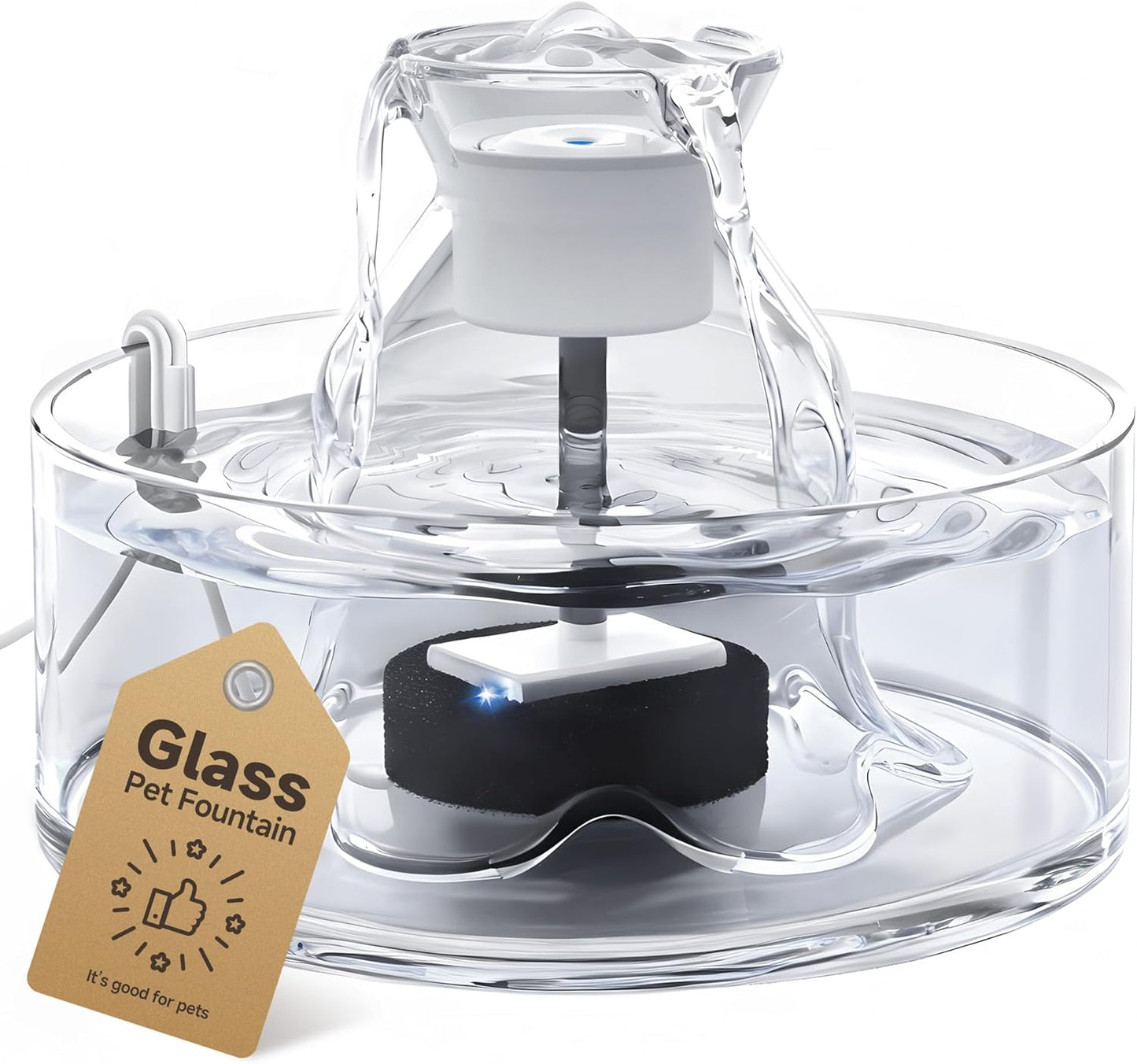 Glass Cat Water Fountain, 2.7L/91 oz Ultra-Quiet Pet Fountain, Automatic Water Dispenser for Cats & Small Dogs, Spill-Resistant Pet Water Bowl, BPA-Free, Includes 2 Filters, Effortless to Clean