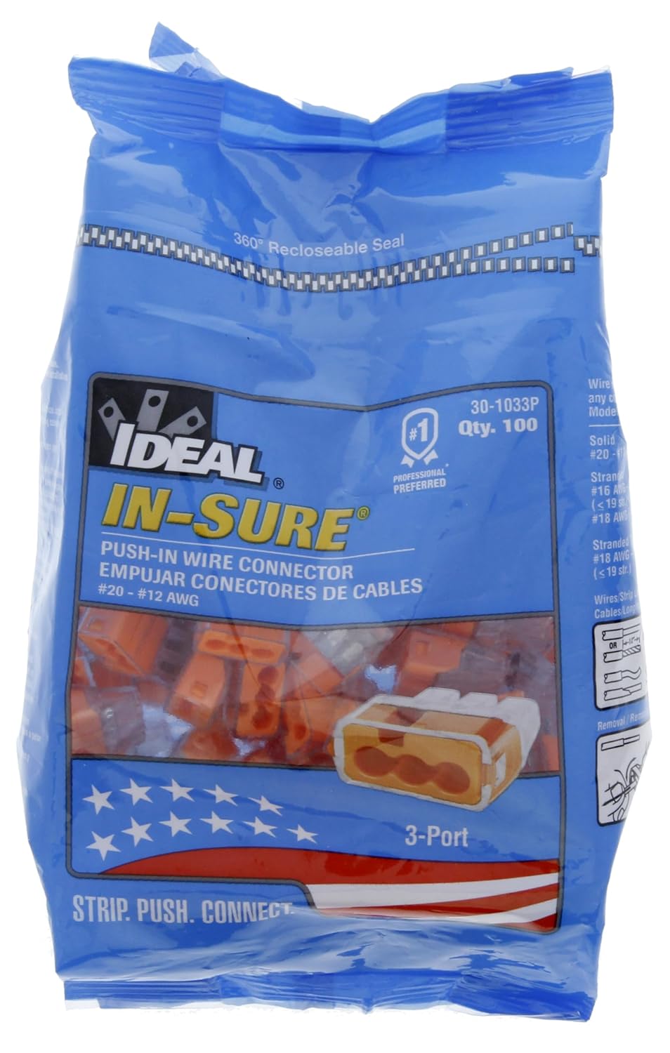 Ideal Electrical in-Sure Push-in Wire Connector, 3-Port (30-1033P), Bag of 100—Color Coded No-Twist Connectors for Solid and Stranded Wires