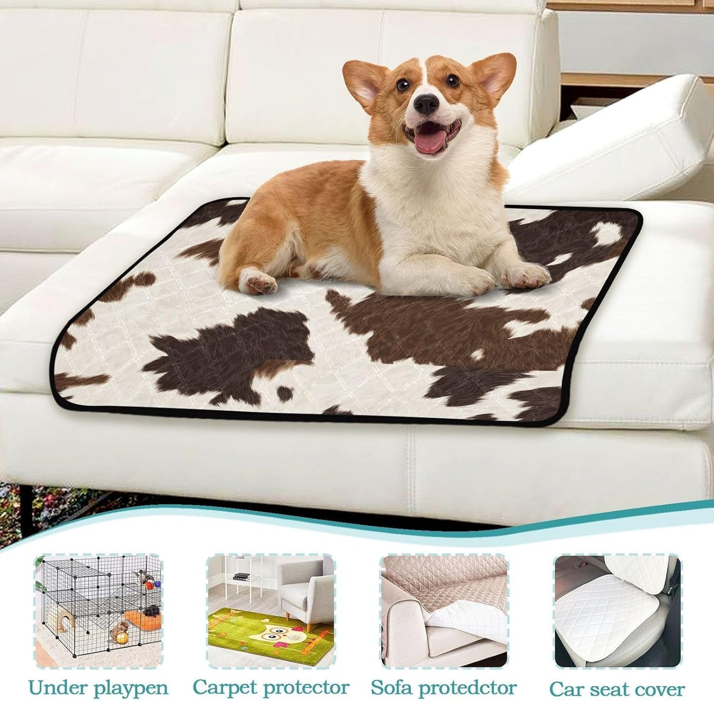 Cow Print Washable Pee Pads for Dogs, 2 Pack Non-Slip Reusable Dog Pads Waterproof Whelping Training Pet Mat for Potty, Crate, Playpen, Bed, Sofa