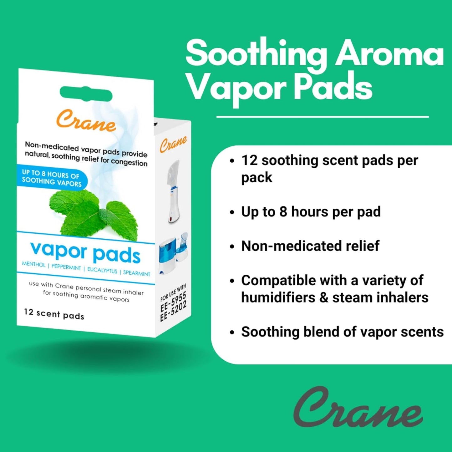 Crane Menthol-Eucalyptus Universal Vapor Pads, 12 Pack, for use Droplets, Corded Inhaler, Warm Mist humidifier