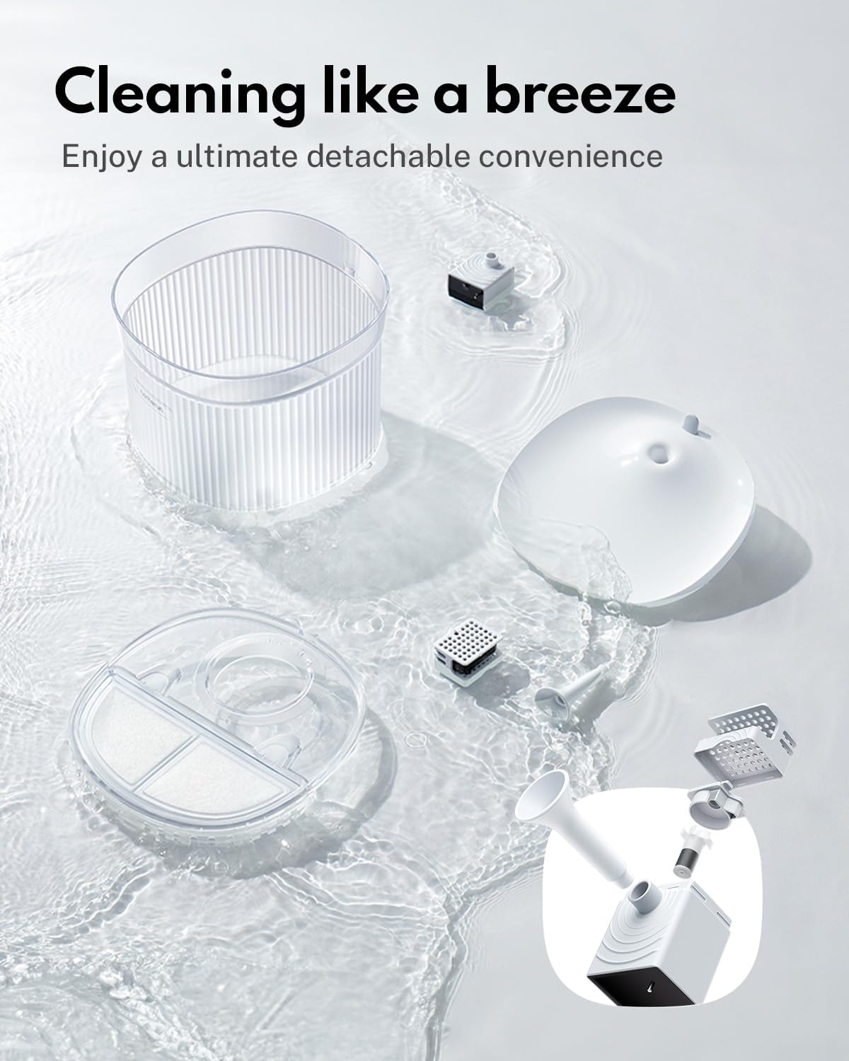 Homerunpet Cordless Cat Water Fountain, 7800mAh Battery, 30-Day Runtime, Easy-Clean Detachable Design, Transparent Tank, Motion Sensor, White