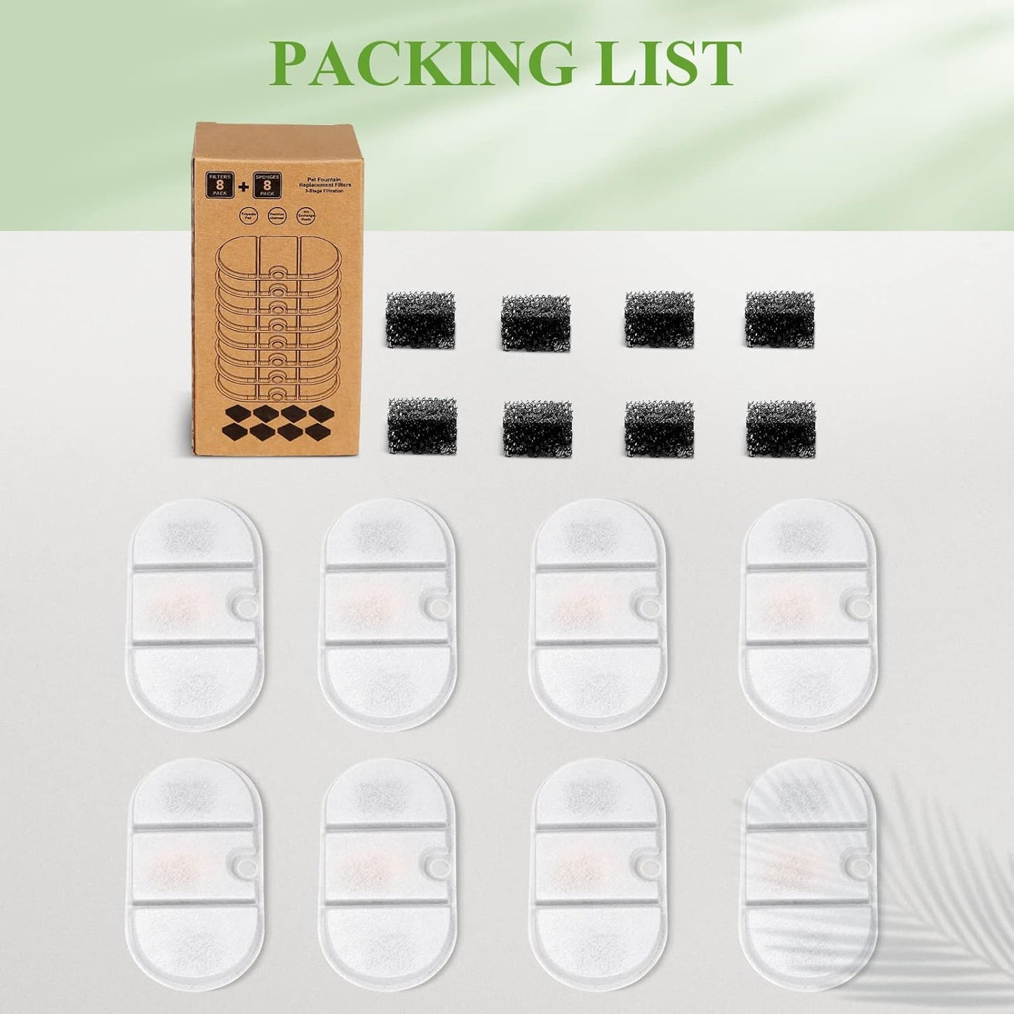 8 Pack Cat Water Fountain Filters with 8 Sponges, Pet Water Fountain Replacement Filter for 71oz/2.1L PLWF002 Capsule Cat Water Fountain, Pet Fountain Filter Set