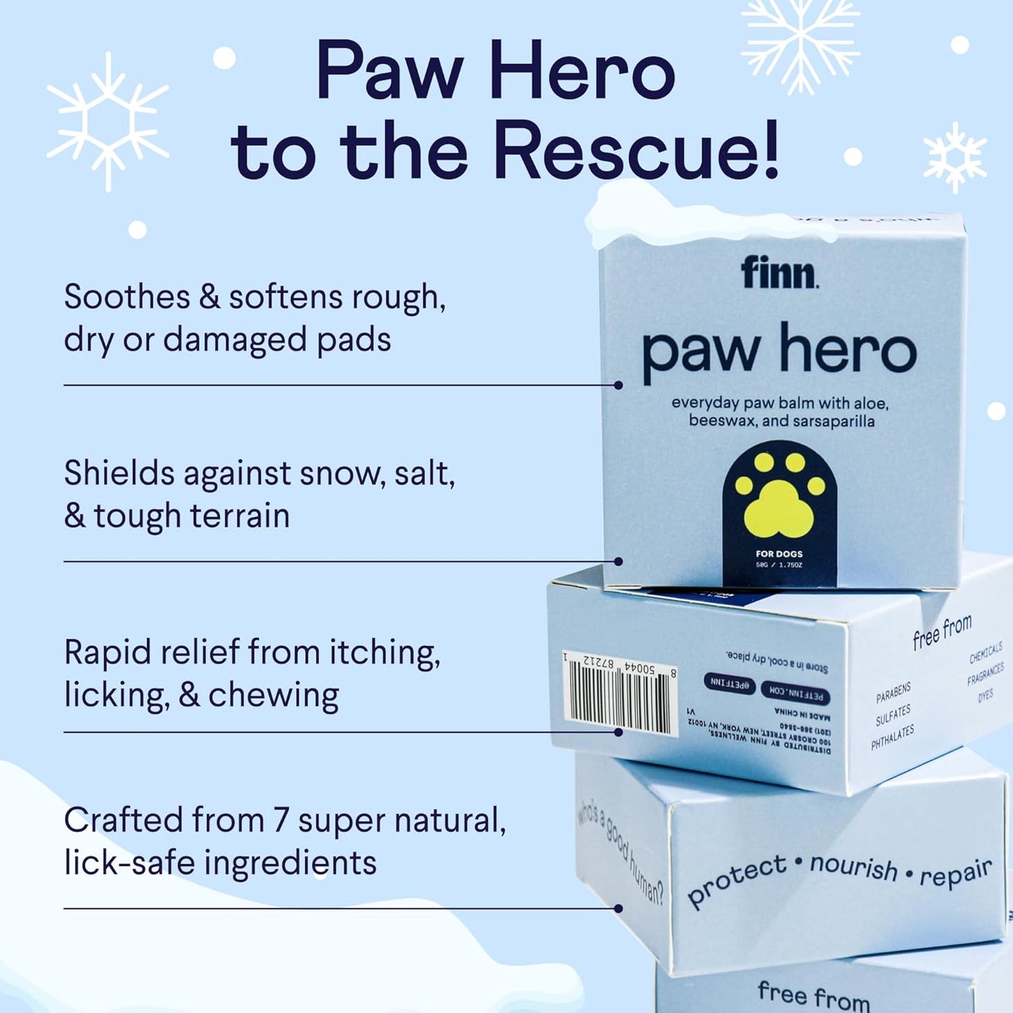 Finn Paw Hero Natural Dog Paw Balm | Winter Paw Protection from Snow, Salt & Ice | Moisturize & Repair | Lick-Safe - 1.75 oz