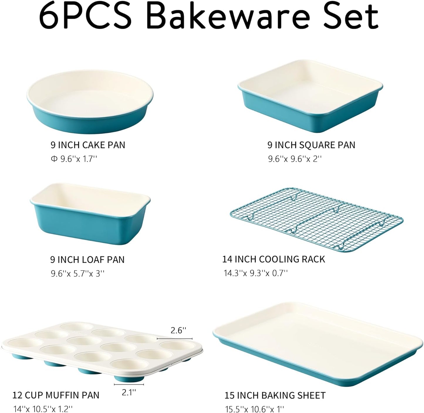CAROTE 6-Piece Nonstick Ceramic Baking Pans Set - Bakeware Sets Including Cookie Sheets for Baking, Muffin Pan, Bread Pan, Cake pan, Loaf Pan, Cooling Rack, Light Blue & Cream White