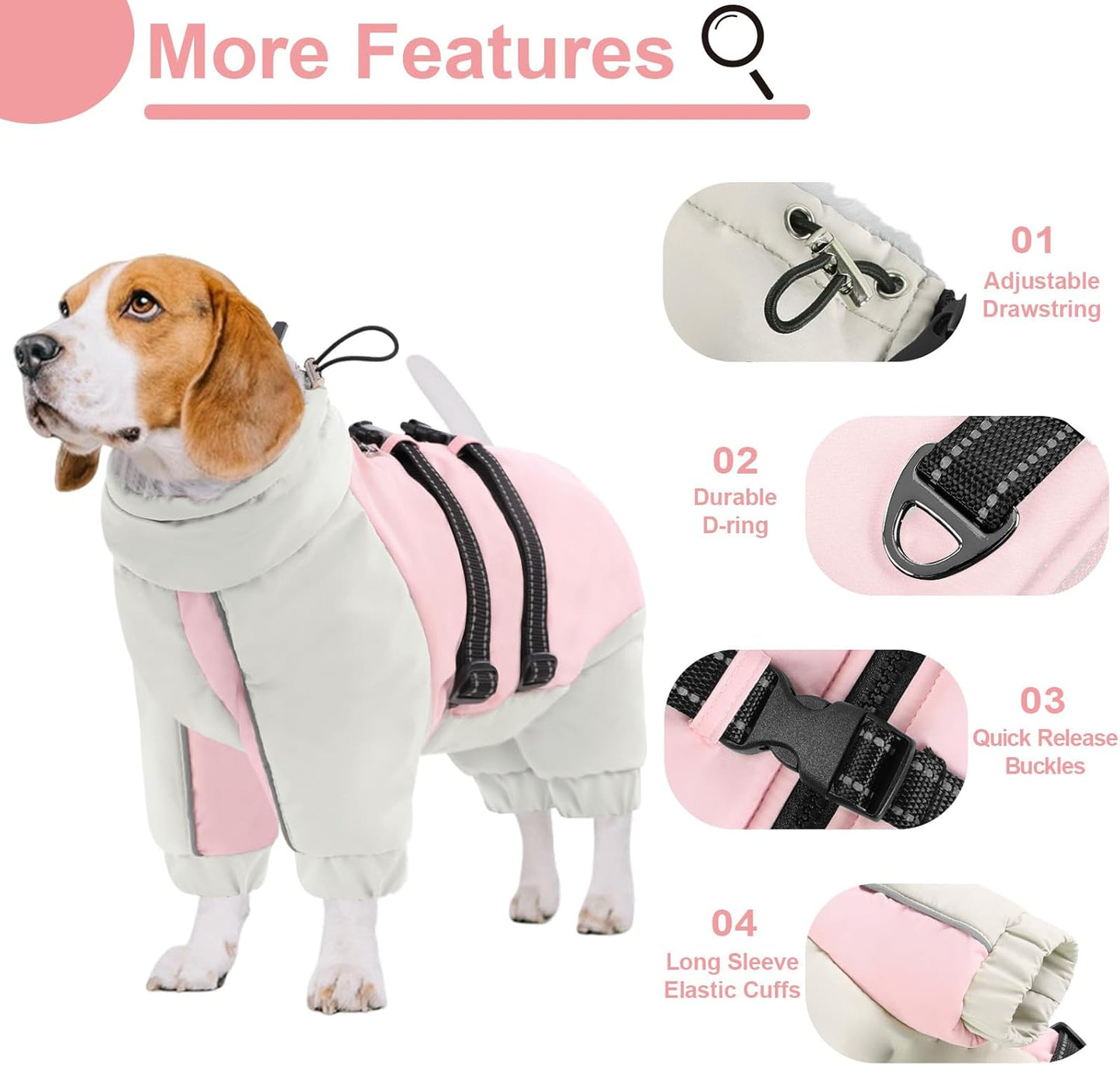 KOESON Four Legged Winter Coat, Warm Dog Jacket with Adjustable Buckles, Turtleneck Windproof Fleece Jackets, Reflective Fullbody Snowsuit Puffer Coat Pink Grey XS