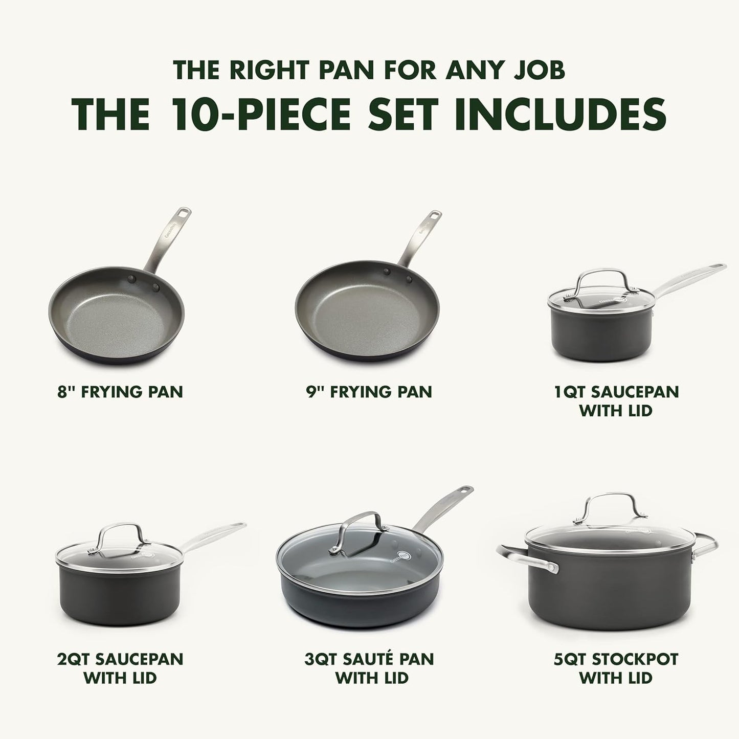 GreenPan Chatham Hard Anodized Healthy Ceramic Nonstick 10 Piece Cookware Pots and Pans Set, Frying Pan Skillets, Saucepans, Saute Pan, Stockpot, Lids, PFAS-Free, Dishwasher & Oven Safe, Gray