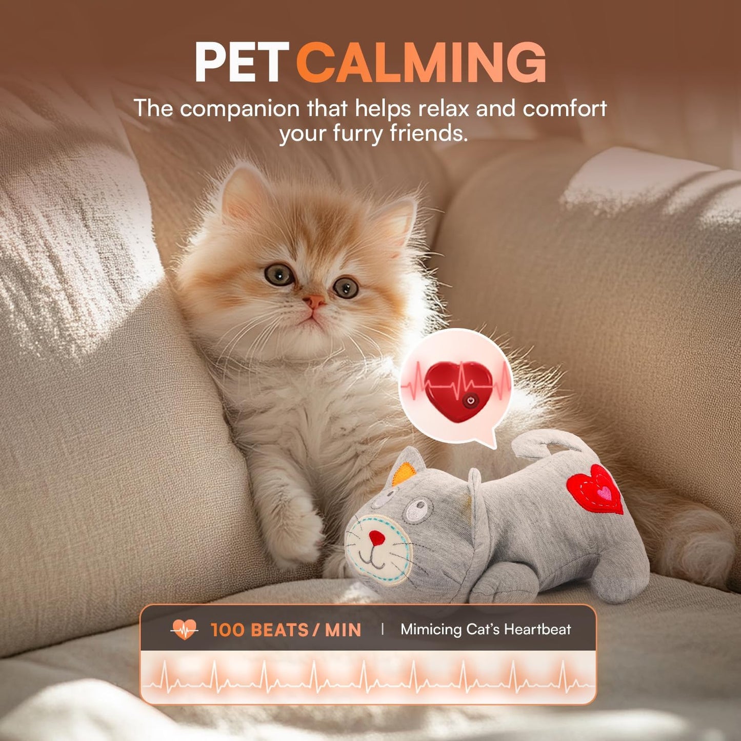 AFP Heartbeat Cat Calming Toy Heartbeat Soothing Kitty Toys Stuffed Plush Warm Toys for Cats Comfort Kitty Stress Relief and Sleep Aid Toy