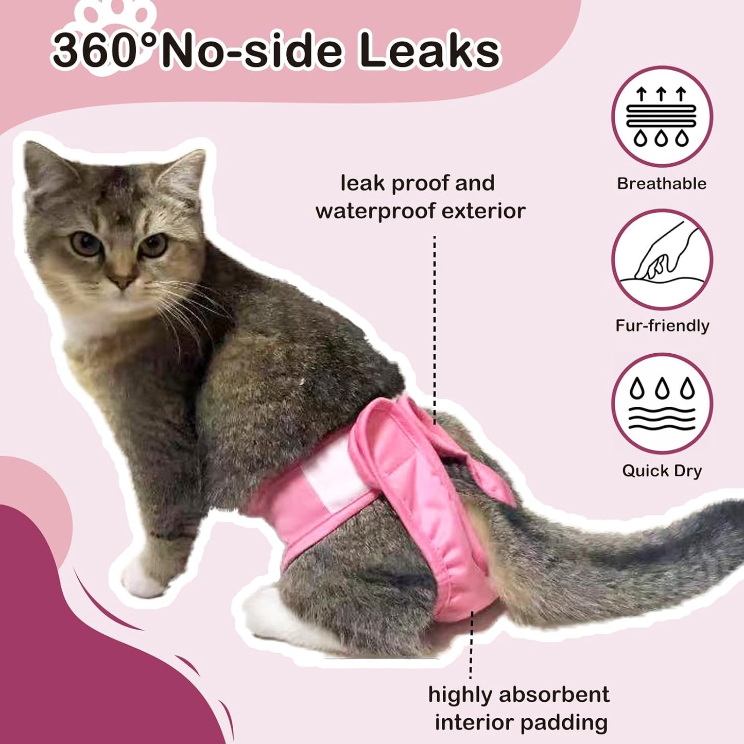 Reusable Cat Diapers, Washable Cat Incontinence Diapers for Cats Spraying or Cats in Heat or Incontinence，Adjustable Kitty Diapers 3 Pack (S)