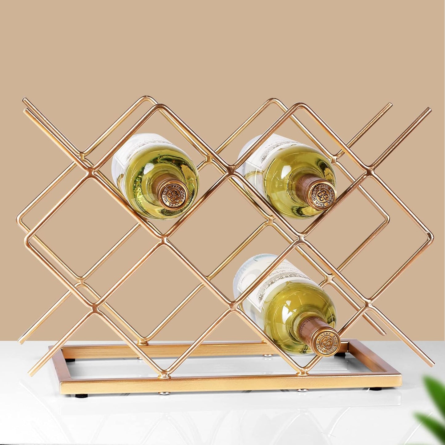 Countertop Wine Rack - 10 Bottle Freestanding Modern Gold Metal Small Wine Rack - Tabletop Wine Holder Stand for Cabinet, Pantry, Wine Bottle Storag…