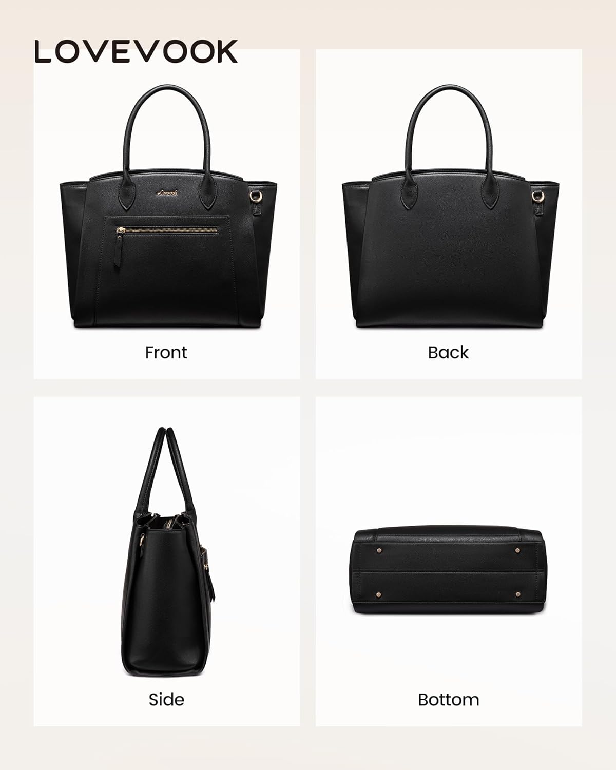 LOVEVOOK Laptop Tote Bag for Women, 15.6 Inch Large Capacity Work Bags Briefcase Purse with Multiple Pockets & Large Bottle Holder, Vegan Leather Business Office Computer Bag for Teacher, Black