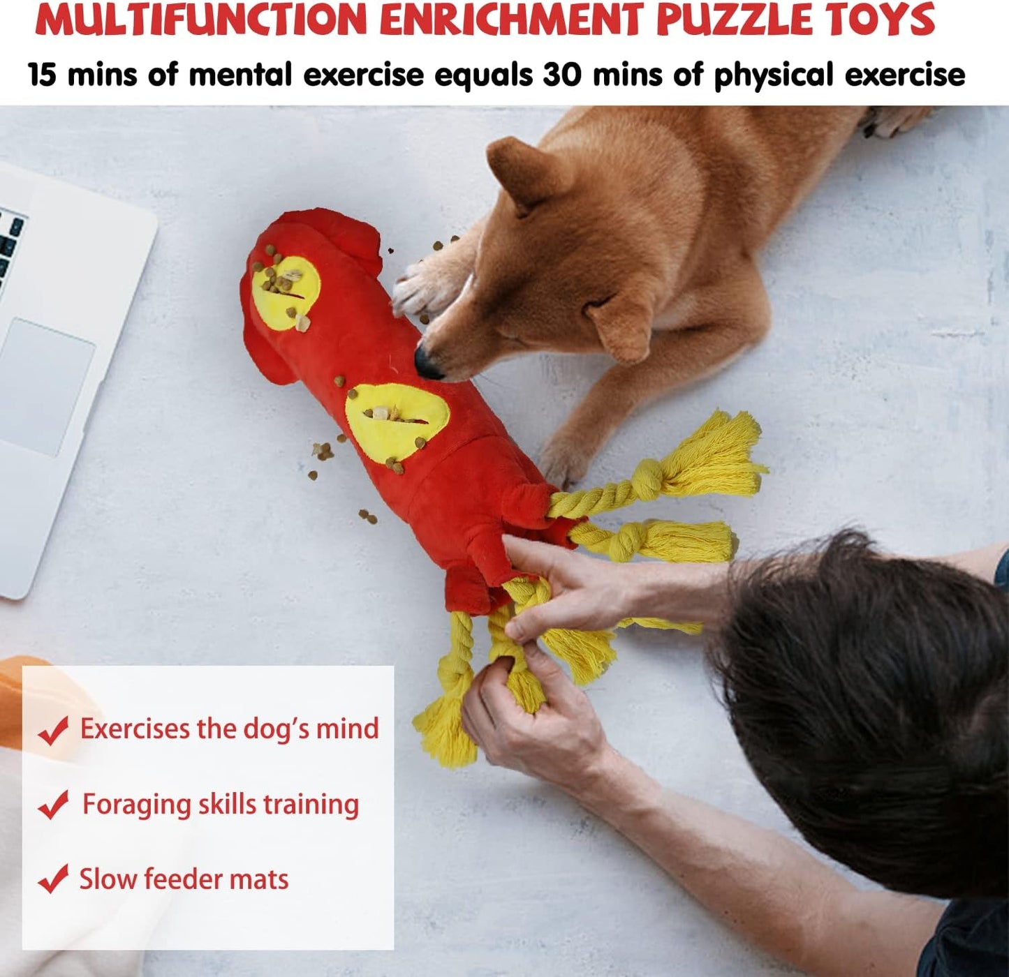 Water Bottle Dog Toys - Dog Puzzle Squeaky Enrichment Treat Dispensing Rope Snuffle Plush Toy, No Stuffing Durable Soft Crunchy Toys for Small Medium Large Dogs Puppy - Octopus Squid