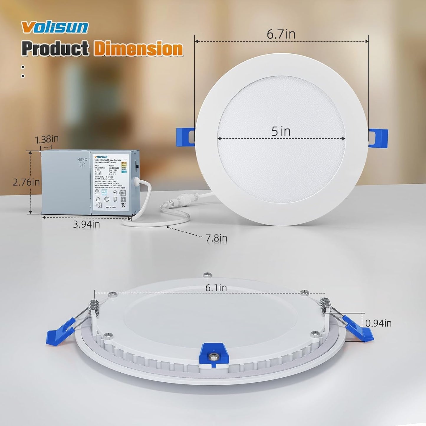 VOLISUN 12 Pack 6 inch Recessed Lighting, 5CCT LED Recessed Light with Junction Box, 2700K-5000K Selectable, 13W Eqv 120W, 1080LM Dimmable Canless Wafer Downlight, LED Ceiling Light ETL Certificated