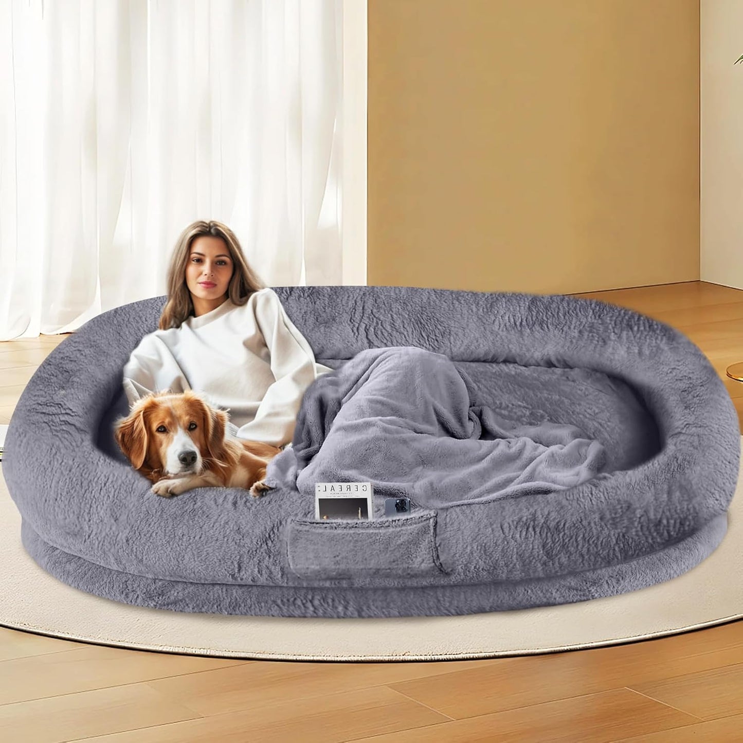 L&W BROS. Orthopedic Human Dog Bed for Large Dogs and Adults, Washable Extra Large Pet Couch with Removable Cover & Blanket, Supportive Memory Foam Lounger 71"x47" (Dark Gray)